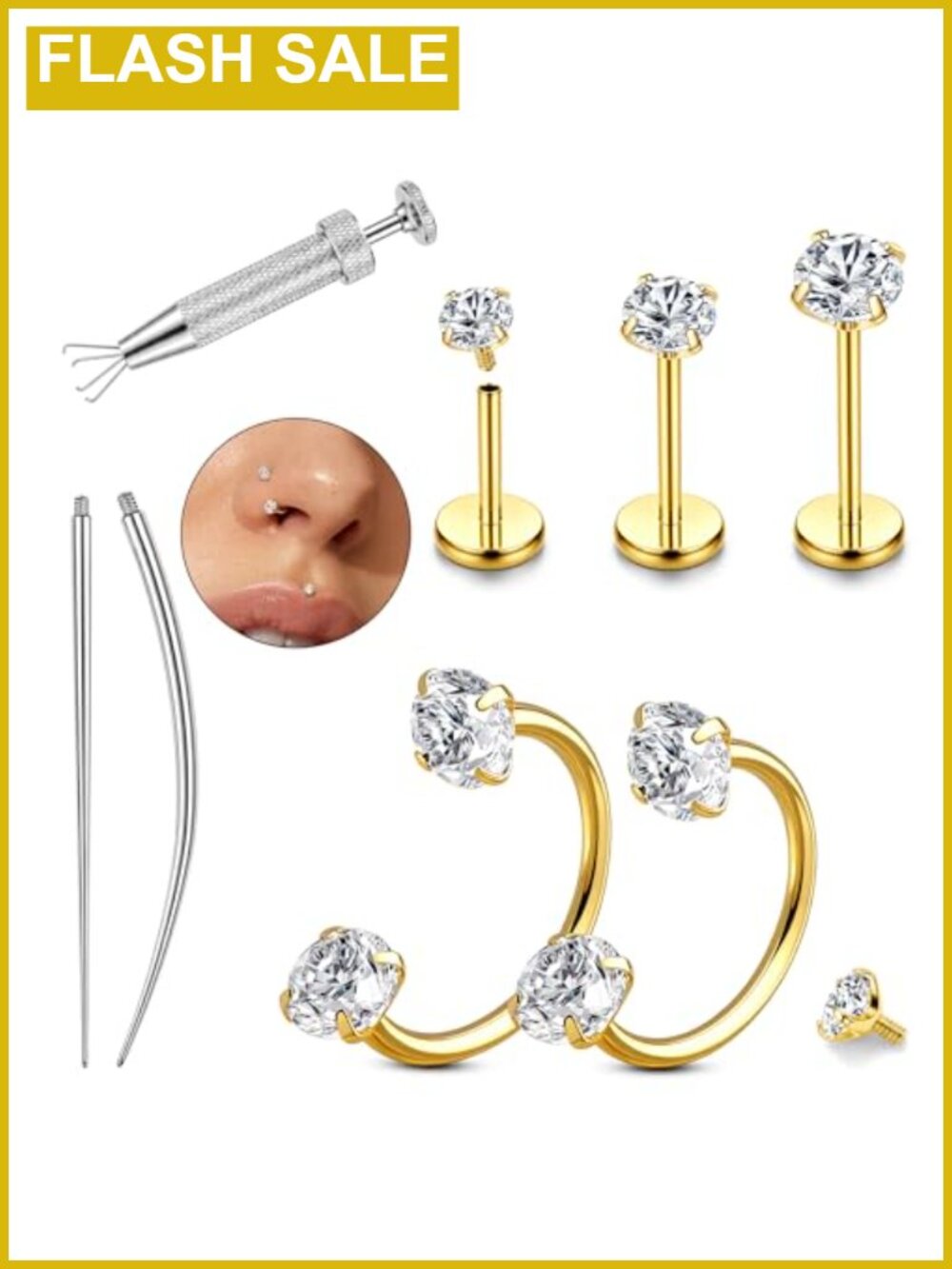 14K Gold Plated Horseshoe Nose Rings & Flat Back Earrings Set